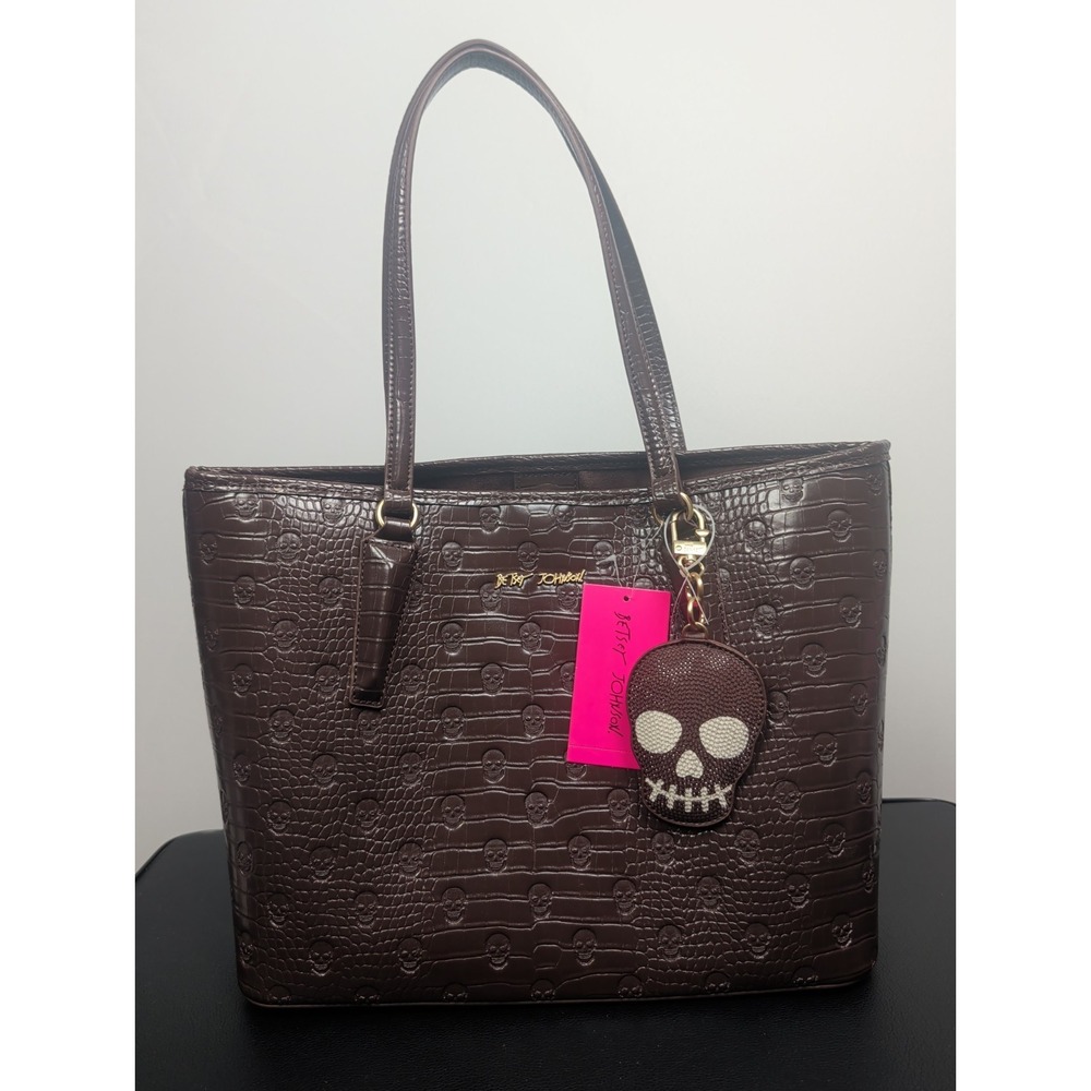 Betsey Johnson Chocolate Brown Embossed Tote with Skull Bag Charm XOTOTO NWT